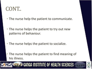 CONT..
• The nurse help the patient to communicate.
• The nurse helps the patient to try out new
patterns of behaviour.
• The nurse helps the patient to socialize.
• The nurse helps the patient to find meaning of
his illness.
 