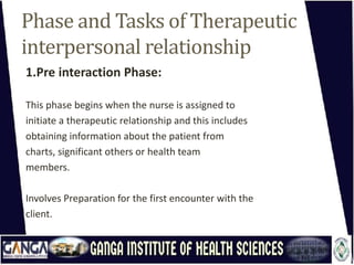 Phase and Tasks of Therapeutic
interpersonal relationship
1.Pre interaction Phase:
This phase begins when the nurse is assigned to
initiate a therapeutic relationship and this includes
obtaining information about the patient from
charts, significant others or health team
members.
Involves Preparation for the first encounter with the
client.
 
