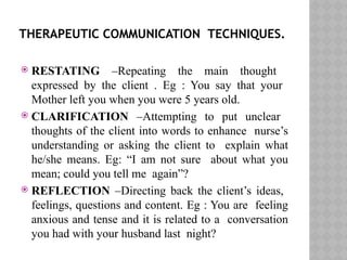 Restating Communication THERAPEUTIC COMMUNICATION TECHNIQUES MENTAL HEALTH NURSING | PPTX