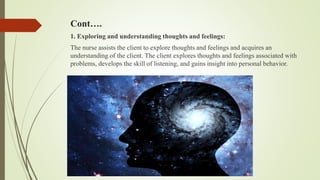 Cont….
1. Exploring and understanding thoughts and feelings:
The nurse assists the client to explore thoughts and feelings and acquires an
understanding of the client. The client explores thoughts and feelings associated with
problems, develops the skill of listening, and gains insight into personal behavior.
 