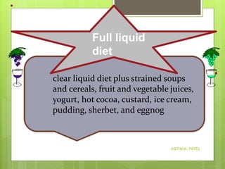 clear liquid diet plus strained soups
and cereals, fruit and vegetable juices,
yogurt, hot cocoa, custard, ice cream,
pudding, sherbet, and eggnog
Full liquid
diet
ASTHA K. PATEL
 