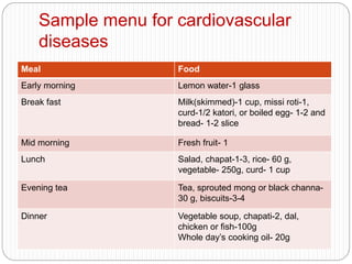 Sample menu for cardiovascular
diseases
Meal Food
Early morning Lemon water-1 glass
Break fast Milk(skimmed)-1 cup, missi roti-1,
curd-1/2 katori, or boiled egg- 1-2 and
bread- 1-2 slice
Mid morning Fresh fruit- 1
Lunch Salad, chapat-1-3, rice- 60 g,
vegetable- 250g, curd- 1 cup
Evening tea Tea, sprouted mong or black channa-
30 g, biscuits-3-4
Dinner Vegetable soup, chapati-2, dal,
chicken or fish-100g
Whole day’s cooking oil- 20g
 