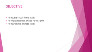 OBJECTIVE
 TO RELIEVE STRAIN TO THE HEART.
 TO PREVENT FURTHER DAMAGE TO THE HEART.
 TO RESTORE THE DAMAGED HEART.
 