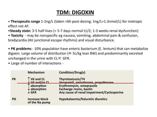 TDM: THEOPHYLLINE
• Therapeutic range - 5-20g/ml
•Time to steady state: 36 hours (average).
• Toxicity - manifest as tach...