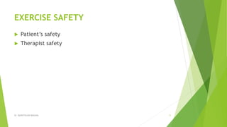 EXERCISE SAFETY
 Patient’s safety
 Therapist safety
Dr. QURATULAIN MUGHAL 11
 