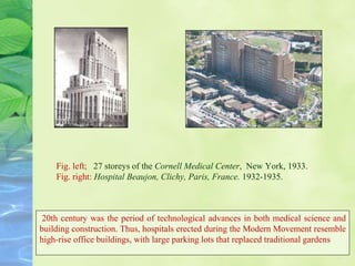 Fig. left; 27 storeys of the Cornell Medical Center, New York, 1933.
Fig. right: Hospital Beaujon, Clichy, Paris, France. 1932-1935.
20th century was the period of technological advances in both medical science and
building construction. Thus, hospitals erected during the Modern Movement resemble
high-rise office buildings, with large parking lots that replaced traditional gardens
 