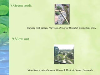 8.Green roofs
Viewing roof garden, Harrison Memorial Hospital, Bremerton, USA
View from a patient's room, Hitchock Medical Center, Darmouth.
9.View out
 