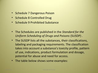 • Schedule 7 Dangerous Poison
• Schedule 8 Controlled Drug
• Schedule 9 Prohibited Substance
• The Schedules are published in the Standard for the
Uniform Scheduling of Drugs and Poisons (SUSDP) .
• The SUSDP lists all the substances, their classifications,
labeling and packaging requirements. The classification
takes into account a substance's toxicity profile, pattern
of use, indications, product formulation and dosage,
potential for abuse and need for access.
• The table below shows some examples:
3904/28/16 SAGAR SAVALE
 