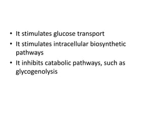 • It stimulates glucose transport
• It stimulates intracellular biosynthetic
pathways
• It inhibits catabolic pathways, such as
glycogenolysis
 