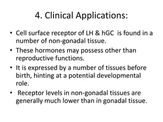 4. Clinical Applications:
• Cell surface receptor of LH & hGC is found in a
number of non-gonadal tissue.
• These hormones may possess other than
reproductive functions.
• It is expressed by a number of tissues before
birth, hinting at a potential developmental
role.
• Receptor levels in non-gonadal tissues are
generally much lower than in gonadal tissue.
 
