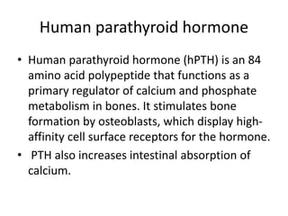 Human parathyroid hormone
• Human parathyroid hormone (hPTH) is an 84
amino acid polypeptide that functions as a
primary regulator of calcium and phosphate
metabolism in bones. It stimulates bone
formation by osteoblasts, which display high-
affinity cell surface receptors for the hormone.
• PTH also increases intestinal absorption of
calcium.
 