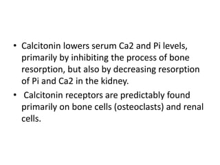 • Calcitonin lowers serum Ca2 and Pi levels,
primarily by inhibiting the process of bone
resorption, but also by decreasing resorption
of Pi and Ca2 in the kidney.
• Calcitonin receptors are predictably found
primarily on bone cells (osteoclasts) and renal
cells.
 