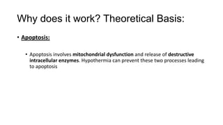 Why does it work? Theoretical Basis:
• Apoptosis:
• Apoptosis involves mitochondrial dysfunction and release of destructive
intracellular enzymes. Hypothermia can prevent these two processes leading
to apoptosis

 