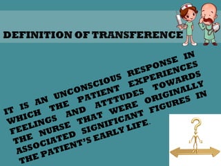 IT IS AN UNCONSCIOUS RESPONSE IN
WHICH
THE
PATIENT
EXPERIENCES
FEELINGS
AND
ATTTUDES
TOWARDS
THE NURSE THAT WERE ORIGINALLY
ASSOCIATED SIGNIFICANT FIGURES IN
THE PATIENT’S EARLY LIFE.
10
 