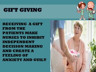 20
RECEIVING A GIFT
FROM THE
PATIENTS MAKE
NURSES TO INHIBIT
INDEPENDENT
DECISION MAKING
AND CREATE A
FEELING OF
ANXIETY AND GUILT
 