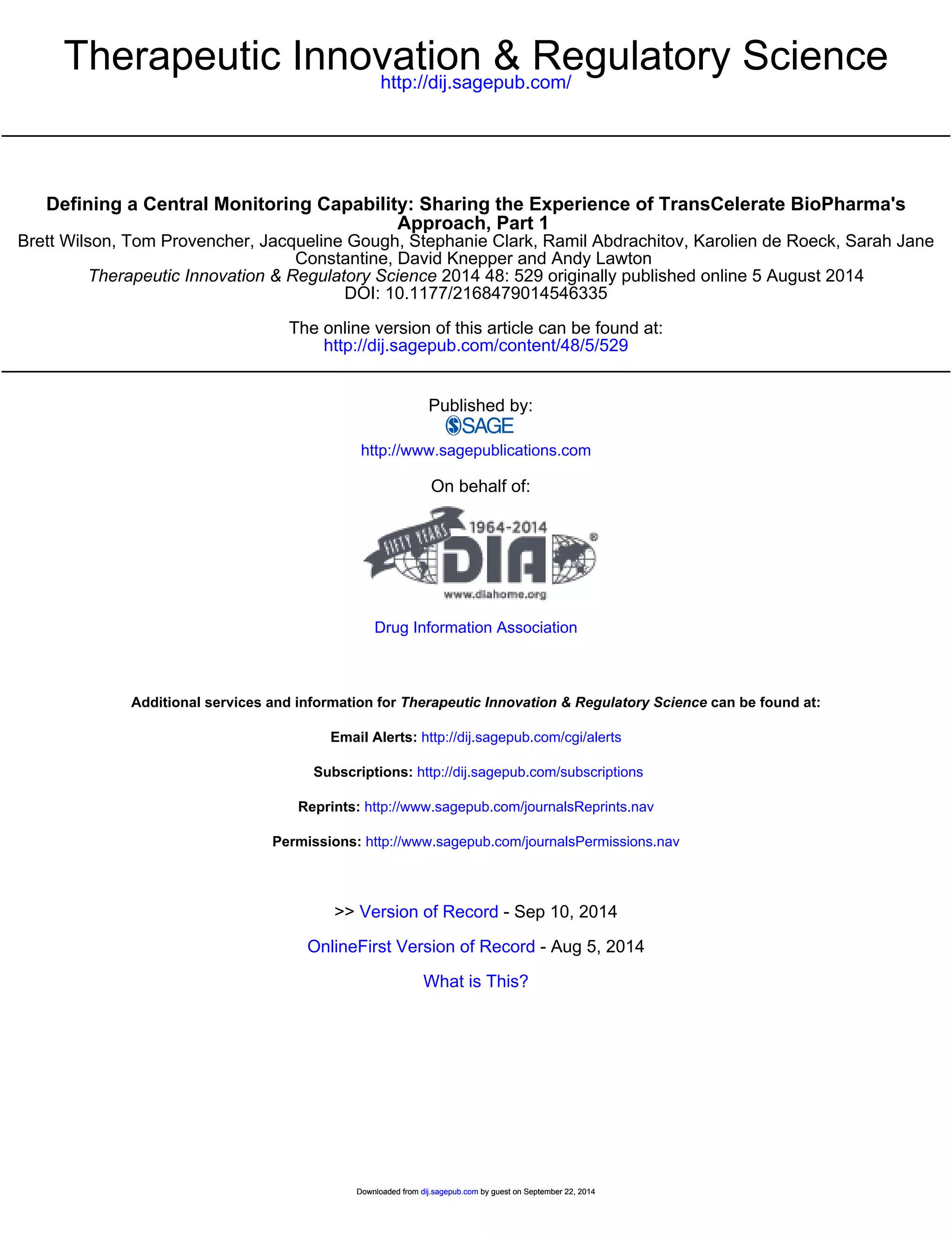 Transcelerate Defining a Central Monitoring Capability: Sharing the Experience of ...