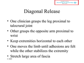 © 2005
Diagonal Release
• One clinician grasps the leg proximal to
talocrural joint
• Other grasps the opposite arm proximal to
wrist
• Keep extremities horizontal to each other
• One moves the limb until adhesions are felt
while the other stabilizes the extremity
• Stretch large area of fascia
 