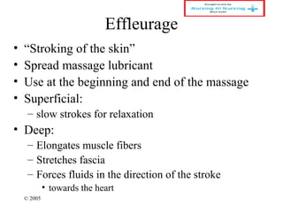 © 2005
Effleurage
• “Stroking of the skin”
• Spread massage lubricant
• Use at the beginning and end of the massage
• Superficial:
– slow strokes for relaxation
• Deep:
– Elongates muscle fibers
– Stretches fascia
– Forces fluids in the direction of the stroke
• towards the heart
 