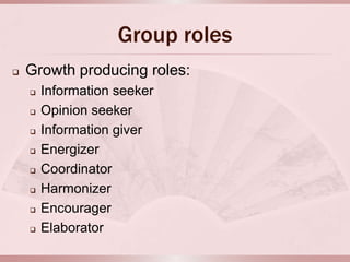 Group roles
   Growth producing roles:
       Information seeker
       Opinion seeker
       Information giver
       Energizer
       Coordinator
       Harmonizer
       Encourager
       Elaborator
 