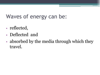 Waves of energy can be:
• reflected,
• Deflected and
• absorbed by the media through which they
travel.
 