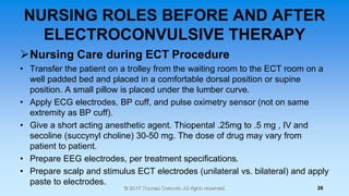 NURSING ROLES BEFORE AND AFTER
ELECTROCONVULSIVE THERAPY
Nursing Care during ECT Procedure
• Transfer the patient on a tr...
