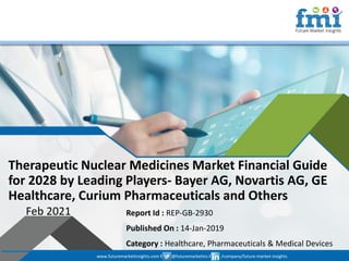 www.futuremarketinsights.com I @futuremarketins I /company/future-market-insights
© 2019 Future Market Insights, All Rights Reserved
Therapeutic Nuclear Medicines Market Financial Guide
for 2028 by Leading Players- Bayer AG, Novartis AG, GE
Healthcare, Curium Pharmaceuticals and Others
Feb 2021 Report Id : REP-GB-2930
Published On : 14-Jan-2019
Category : Healthcare, Pharmaceuticals & Medical Devices
www.futuremarketinsights.com I @futuremarketins I /company/future-market-insights
 