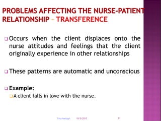 10/5/2017Psychnebppt. 11
 Occurs when the client displaces onto the
nurse attitudes and feelings that the client
originally experience in other relationships
 These patterns are automatic and unconscious
 Example:
A client falls in love with the nurse.
 
