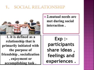 •1. it is defined as a
relationship that is
primarily initiated with
the purpose of
friendship , socialization
, enjoyment or
accomplishing task .
Exp :-
participants
share ideas ,
feelings and
experiences .
 2.mutual needs are
met during social
interaction .
 