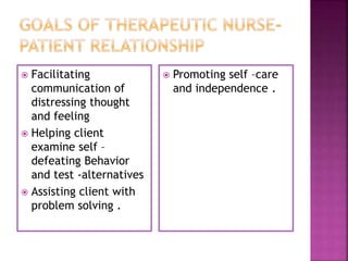  Facilitating
communication of
distressing thought
and feeling
 Helping client
examine self –
defeating Behavior
and test -alternatives
 Assisting client with
problem solving .
 Promoting self –care
and independence .
 