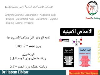 ‫يوميا‬ ‫الجسم‬ ‫يحتاجها‬ ‫التي‬ ‫البروتين‬ ‫كميه‬
‫الجسم‬ ‫وزن‬
*
0.8:1.2
‫الرياضيين‬
:
‫تحمل‬ ‫رياضه‬
:
‫الجسم‬ ‫وزن‬
*
1.5
‫احمال‬ ‫رياضه‬
:
‫الجسم‬ ‫وزن‬
*
2.2
‫أساسية‬ ‫الغير‬ ‫االمينية‬ ‫االحماض‬
(
‫الجسم‬ ‫ينتجهم‬ ‫التي‬
)
Arginine Alanine -Asparagine –Asparatic acid
-Cystine -Glutamatic Acid - Glutamine - Glysine
-Proline -Serine -Tyrosine
 