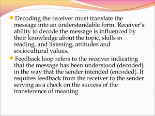 Decoding the receiver must translate the
message into an understandable form. Receiver’s
ability to decode the message is influenced by
their knowledge about the topic, skills in
reading, and listening, attitudes and
sociocultural values.
Feedback loop refers to the receiver indicating
that the message has been understood (decoded)
in the way that the sender intended (encoded). It
requires feedback from the receiver to the sender
serving as a check on the success of the
transference of meaning.
 