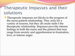 Therapeutic Impasses and their
solutions
Therapeutic impasses are blocks in the progress of
the nurse-patient relationship. They arise for a
variety of reasons, but they all create stalls I the
therapeutic relationship. Impasses provoke intense
feelings in both the nurse and the patient that may
range from anxiety and apprehension to frustration,
love, or intense anger.
 