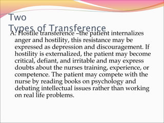 Two
Types of TransferenceA. Hostile transference –the patient internalizes
anger and hostility, this resistance may be
expressed as depression and discouragement. If
hostility is externalized, the patient may become
critical, defiant, and irritable and may express
doubts about the nurses training, experience, or
competence. The patient may compete with the
nurse by reading books on psychology and
debating intellectual issues rather than working
on real life problems.
 