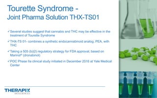 Tourette Syndrome -
Joint Pharma Solution THX-TS01
Several studies suggest that cannabis and THC may be effective in the
treatment of Tourette Syndrome
THX-TS 01- combines a synthetic endocannabinoid analog, PEA, with
THC
Taking a 505 (b)(2) regulatory strategy for FDA approval, based on
Marinol® (dronabinol)
POC Phase IIa clinical study initiated in December 2016 at Yale Medical
Center
11
 