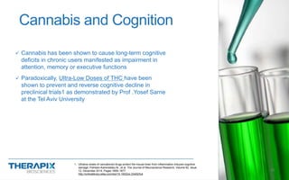  Cannabis has been shown to cause long-term cognitive
deficits in chronic users manifested as impairment in
attention, memory or executive functions
 Paradoxically, Ultra-Low Doses of THC have been
shown to prevent and reverse cognitive decline in
preclinical trials1 as demonstrated by Prof .Yosef Sarne
at the Tel Aviv University
Cannabis and Cognition
15
1. Ultralow doses of cannabinoid drugs protect the mouse brain from inflammation-induced cognitive
damage, Fishbein-Kaminietsky M., et al. The Journal of Meuroscience Research, Volume 92, Issue
12, December 2014, Pages 1669–1677
http://onlinelibrary.wiley.com/doi/10.1002/jnr.23452/full
 