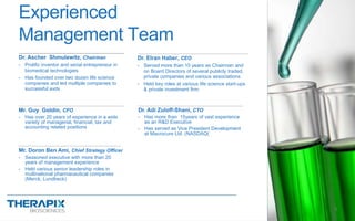 Dr. Ascher Shmulewitz, Chairman
- Prolific inventor and serial entrepreneur in
biomedical technologies
- Has founded over two dozen life science
companies and led multiple companies to
successful exits
Dr. Elran Haber, CEO
- Served more than 10 years as Chairman and
on Board Directors of several publicly traded,
private companies and various associations
- Held key roles at various life science start-ups
& private investment firm
Mr. Doron Ben Ami, Chief Strategy Officer
- Seasoned executive with more than 20
years of management experience
- Held various senior leadership roles in
multinational pharmaceutical companies
(Merck, Lundbeck)
Dr. Adi Zuloff-Shani, CTO
- Has more than 15years of vast experience
as an R&D Executive
- Has served as Vice President Development
at Macrocure Ltd. (NASDAQ(
Mr. Guy Goldin, CFO
- Has over 20 years of experience in a wide
variety of managerial, financial, tax and
accounting related positions
Experienced
Management Team
5
 