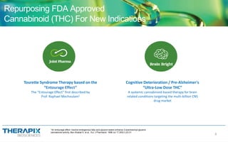 Repurposing FDA Approved
Cannabinoid (THC) For New Indications
8
Tourette Syndrome Therapy based on the
“Entourage Effect”
The “Entourage Effect” first described by
Prof. Raphael Mechoulam1
Cognitive Deterioration / Pre-Alzheimer's
“Ultra-Low Dose THC”
A systemic cannabinoid-based therapy for brain
related conditions targeting the multi-billion CNS
drug market
1An entourage effect: inactive endogenous fatty acid glycerol esters enhance 2-arachidonoyl-glycerol
cannabinoid activity, Ben-Shabat S. et al., Eur J Pharmacol. 1998 Jul 17;353(1):23-31
 
