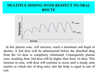MULTIPLE DOSING WITH RESPECT TO ORAL
ROUTE
In this plasma conc. will increase, reach a maximum and begin to
decline. A 2nd dose will be administered before the absorbed drug
from the 1st dose is completely eliminated. Consequently plasma
conc. resulting from 2nd dose will be higher than from 1st dose. This
increase in conc. with dose will continue to occur until a steady state
reaches at which rate of drug entry into the body is equal to rate of
exit.
 