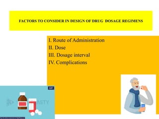 I. Route of Administration
II. Dose
III. Dosage interval
IV. Complications
FACTORS TO CONSIDER IN DESIGN OF DRUG DOSAGE REGIMENS
 
