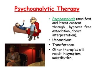 Psychoanalytic Therapy
• Psychoanalysis (manifest
and latent content
through…. hypnosis free
association, dream,
interpretation).
• Unconscious
• Transference
• Other therapies will
result in symptom
substitution.
 
