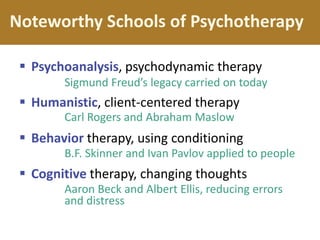 Noteworthy Schools of Psychotherapy
 Psychoanalysis, psychodynamic therapy
 Humanistic, client-centered therapy
 Behavior therapy, using conditioning
 Cognitive therapy, changing thoughts
Sigmund Freud’s legacy carried on today
Carl Rogers and Abraham Maslow
B.F. Skinner and Ivan Pavlov applied to people
Aaron Beck and Albert Ellis, reducing errors
and distress
 
