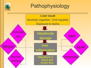 Pathophysiology
Liver insult
Alcoholic Ingestion, Viral hepatitis
Exposure to toxins
Hepatocyte
damage
Alterations in
blood and
lymph flow
liver
Inflammation
pain
fever
anorexiaNausea
vomiting
fatigue
Increase
wbc
 