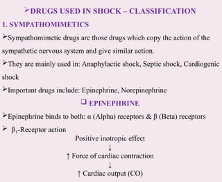 DRUGS USED IN SHOCK – CLASSIFICATION
1. SYMPATHOMIMETICS
Sympathomimetic drugs are those drugs which copy the action of the
sympathetic nervous system and give similar action.
They are mainly used in: Anaphylactic shock, Septic shock, Cardiogenic
shock
Important drugs include: Epinephrine, Norepinephrine
 EPINEPHRINE
Epinephrine binds to both: α (Alpha) receptors & β (Beta) receptors
 β -
₁ Receptor action
Positive inotropic effect
↓
↑ Force of cardiac contraction
↓
↑ Cardiac output (CO)
 