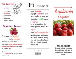 
 Cost Saving Tips
     Buy   frozen
                                                              TIPS            FOR DAILY USE





     Look for sales on
     fresh raspberries
     Grow your own at
                                                              

                                                              
                                                                  Add to Smoothies
                                                                  Topping for desserts like frozen
                                                                                                     Raspberries
     home!                                                        yogurt, pudding or pound cake
                                                                                                           A Superfood
    Check out local
                                                                 Topping for a salad or make
     Farmer’s Markets
                                                                  a vinaigrette
                                                                 Use in breakfast items like
    Nutritional Content                                           muffins, pancakes, waffles, and
                                                                  yogurt
                                                                 Freeze fresh raspberries
                                                                  by washing them, placing them
Great source of Vitamin C                                         on a cookie sheet and freezing
                       Excellent   antioxidant                    them until frozen. Once frozen
source, which help      prevent cancer!
                                                                  place in a zip-lock bag until
Great source of riboflavin, folate, niacin, magnesium,            ready to use.
potassium, copper, and manganese—all needed                                                             What is a Superfood?
for a health body!                                                                                    A natural food that is especially
                                                                        Jacqueline Barnwell           beneficial because of its level of
Plentiful source of                                                       Jaclyn Dickriede           antioxidants and health-protecting
           dietary fiber    (Fiber binds to bad cholesterol                Rachel Duque
and gets rid of it!)                                                      Neda Kashenian                           qualities.
 