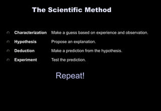 The Scientific Method 
Characterization Make a guess based on experience and observation. 
Hypothesis Propose an explanati...