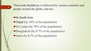 Theravāda Buddhism is followed by various countries and
people around the globe, and are:
In South Asia:
Nepal (by 10% of the population)
Sri Lanka (by 70% of the population)
Bangladesh (by 0.7% of the population)
India (by 0.7% of the population)
8
 