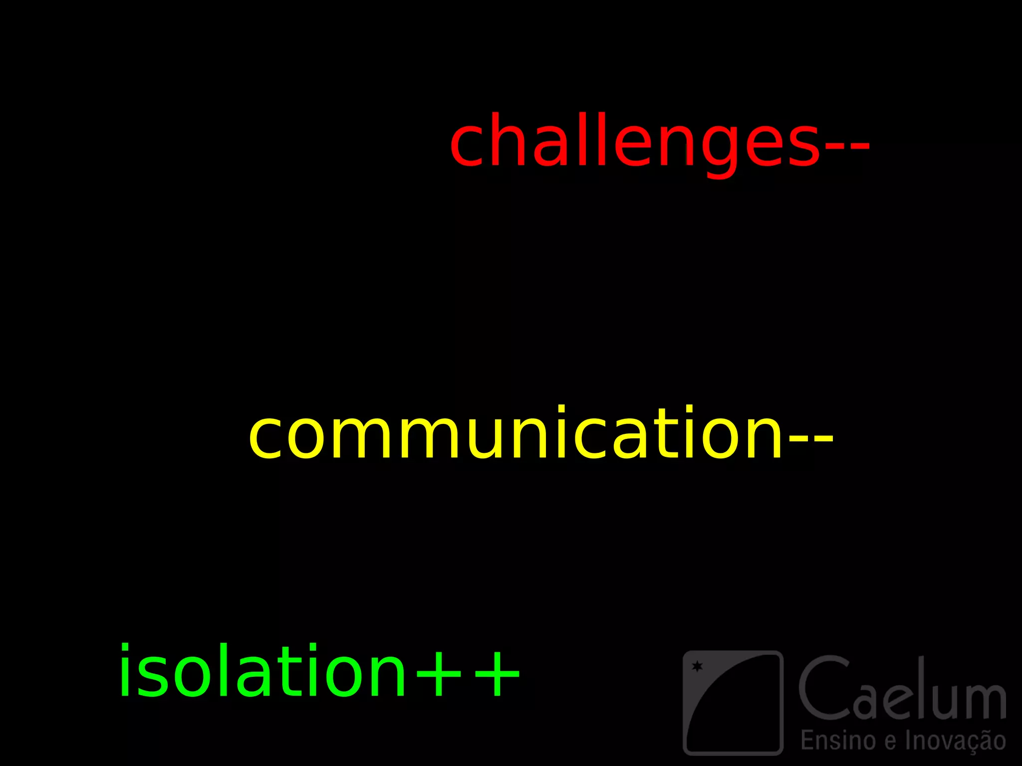 challenges--



   communication--


isolation++
 