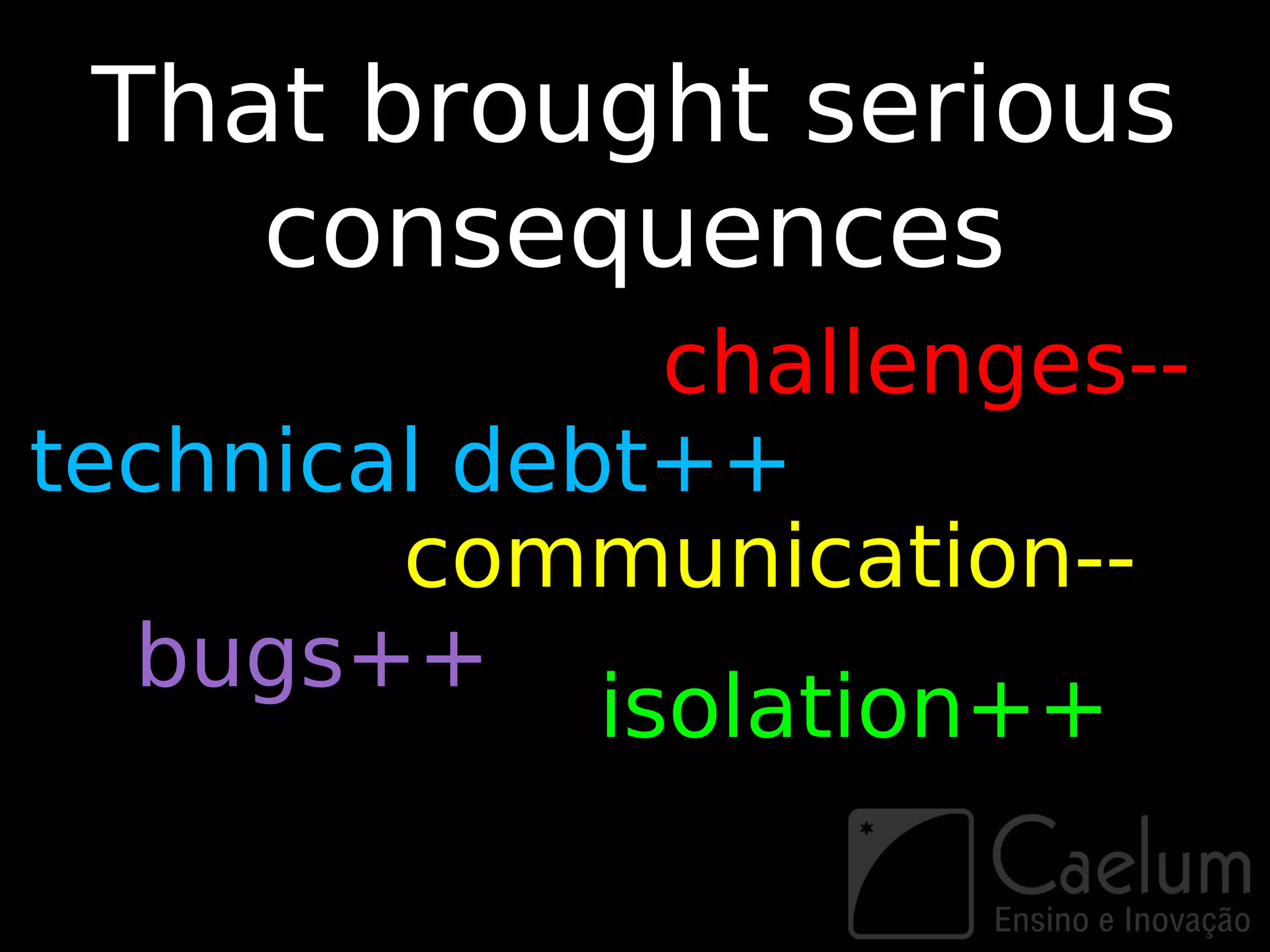 That brought serious
    consequences
               challenges--
technical debt++
        communication--
  bugs++
             isolation++
 