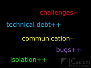 challenges--
technical debt++

    communication--
               bugs++
 isolation++
 