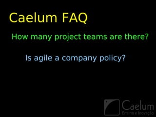 Caelum FAQ
How many project teams are there?

   Is agile a company policy?
 